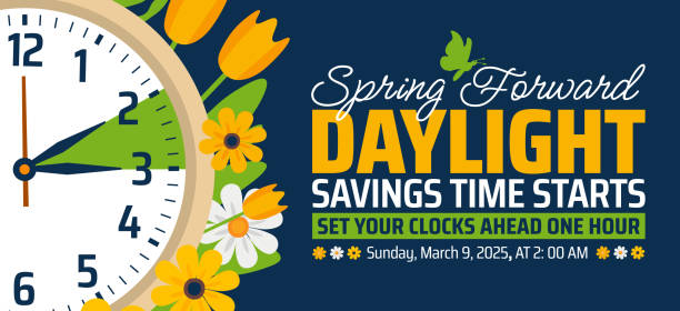 stockillustraties, clipart, cartoons en iconen met spring forward concept 2025 banner with flower and clock design. daylight saving time starts background with cartoon doodle style with funny clock flower. schedule of changing clocks at march 09, 2025 - tijdzone