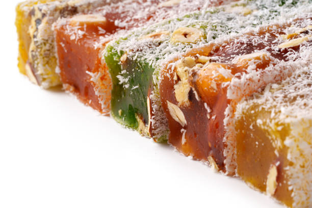 Colorful varieties of Turkish delight arranged neatly showcasing different flavors and textures