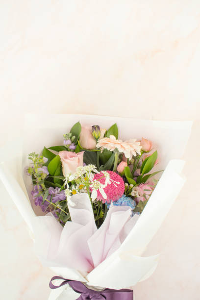 Flower bouquets, thank you cards, and copy space