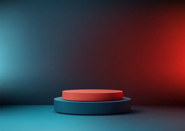 istock modern 3d cylindrical tiered podium display mockup with vibrant orange and blue showcase in dramatic lighting 2198106248