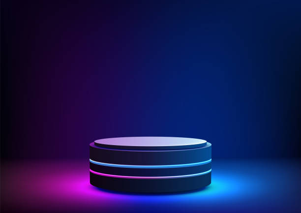 istock 3D futuristic neon glowing podium platform for product display mockup in modern showroom 2198106280