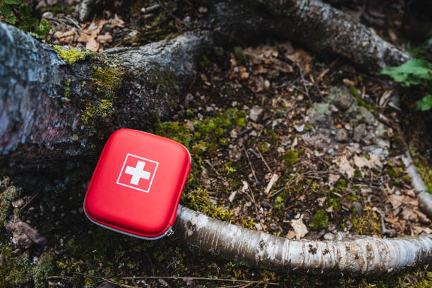 istock A red first aid kit is on the ground by a tree trunk outdoors, blending with plants, grass, and soil. The scene includes elements like plants, grass, and soil, creating a natural setting 2198112302