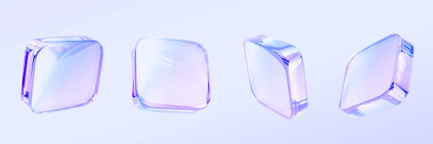 istock 3d crystal glass square plate shapes with holographic gradient. Isolated cube block with rainbow light prism effect render icon set. Abstract glossy iridescent object with reflection 2198112443