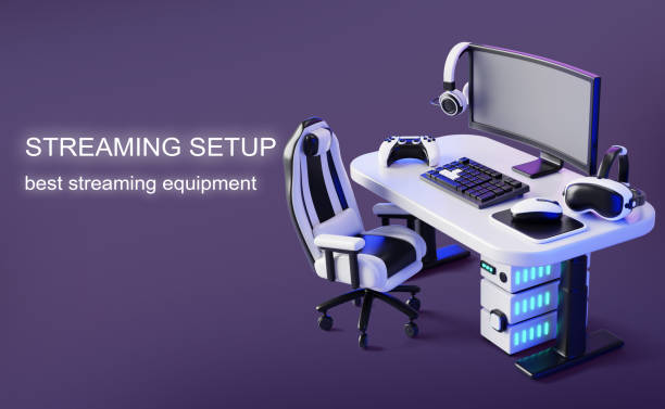 istock Streaming setup 3d purple web banner. Workplace of game streamer with computer on table, chair and headphones render. Neon dark background with furniture and equipment for cyber sport 2198112451