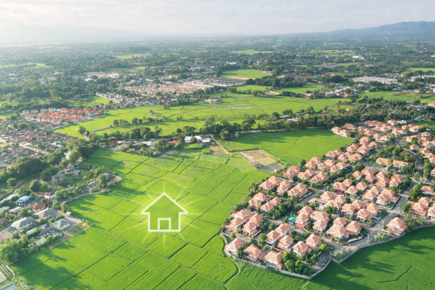 istock Land and house dream concept in aerial view. 2198113433