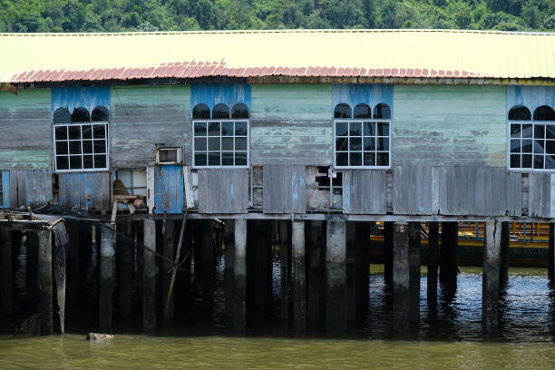 Wooden sticks in the water, support for palafito houses, typical constructions and architecture of the island of Chiloé in Chile