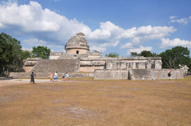 Chichen Itza, Mexico - July 17, 2023: Unidentified people at Ancient ruins on Chichen Itza archeological site in Yucatan Peninsula, Mexico,