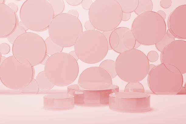 istock Set of three pink glass shining round podiums, abstract stage mockup. Flying circles pattern. Template 3D illustration sweet, airy scene for presentation cosmetic products, goods, advertising, design. 2198114974