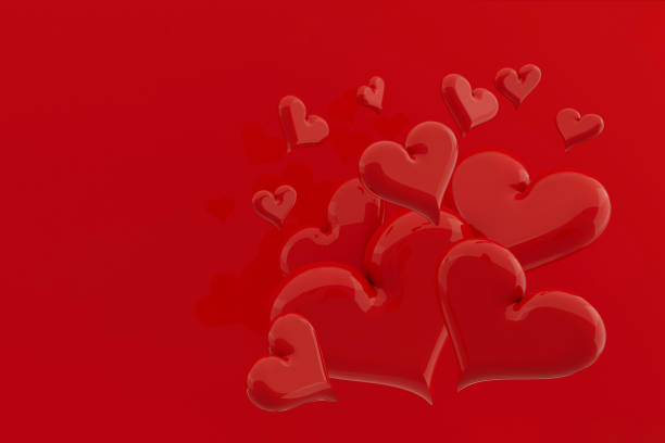 istock Valentine day background. Red glossy balloon hearts soar on red background, border, copy space. Love wedding background.3D illustration for advertising, design, poster, card, flyer. 2198115231