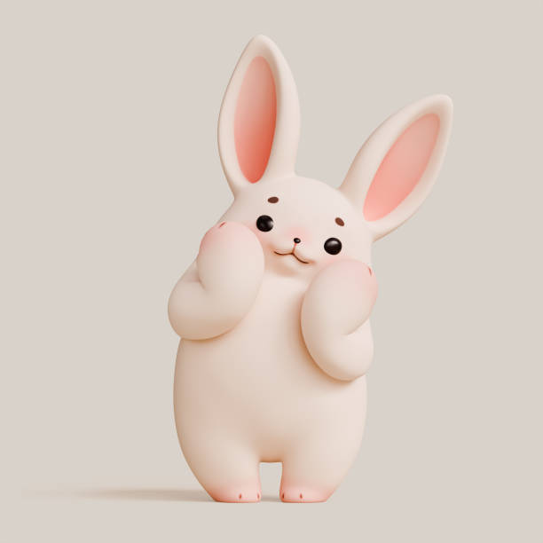 istock 3d render cartoon white easter bunny stands in shy pose touching cheeks with palms. 2198121394