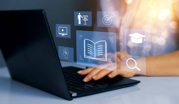 istock E-learning education, internet lessons and online webinar. Person who attends online lessons on a digital screen.Education internet Technology. 2198125932