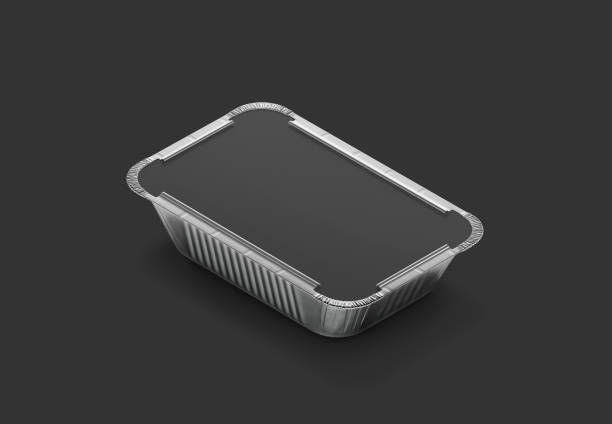istock Blank aluminium foil container with black label mockup, dark background 2198127762
