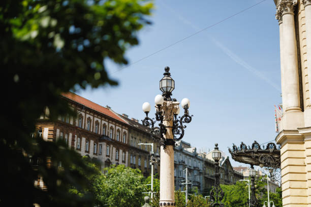 A beautifully ornate street lamp stands amidst historic buildings in Budapest, Hungary. The clear blue sky accentuates the intricate details of the lamp and surrounding architecture, highlighting the city's rich cultural heritage.