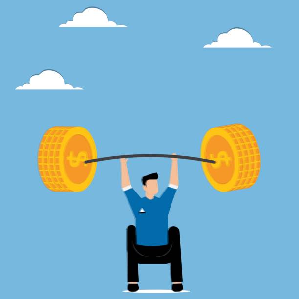 Businessman lifting weights, heavy debt, overloaded financial burdens and pressures, business challenges Businessman lifting weights, heavy debt, overloaded financial burdens and pressures, business challenges cartoon muscular man lifting heavy weights stock illustrations