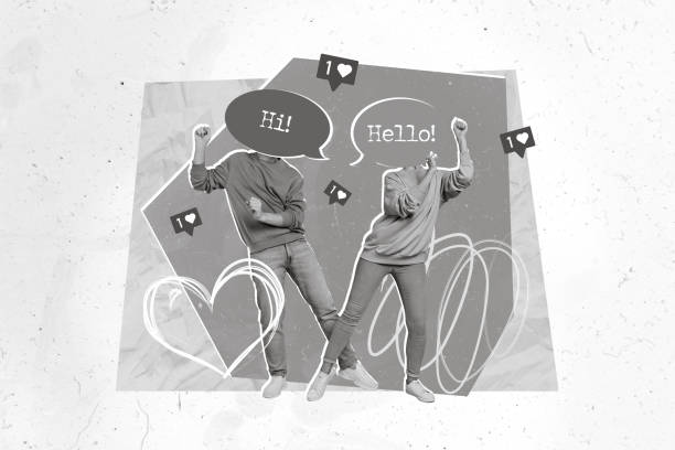 istock Creative collage picture of two people dialogue communication bubble instead head hi hello dancing like notification 2198139641