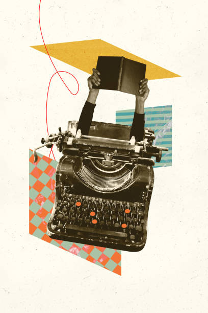 istock Vertical sketch 3d artwork collage poster of author hands hold book reader typewriter machine publicist hobby journalism 2198146913