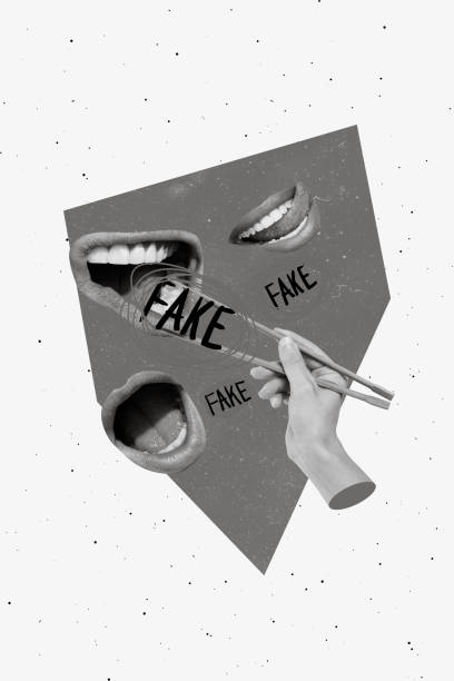 istock Absurd creative template graphics collage of lie reporter hand feed audience false news information with asian chopsticks 2198147280