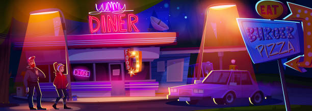 istock Cartoon diner cafe at night with people 2198147839