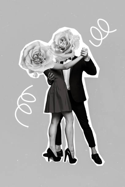 istock Vertical collage image of two black white gamma partners hug dancing rose flowers instead head isolated on blue color background 2198147912