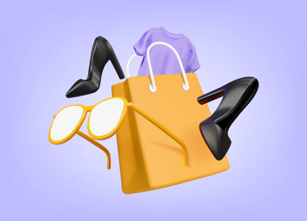ilustraciones, imágenes clip art, dibujos animados e iconos de stock de ilustración de renderizado vectorial 3d del icono de la bolsa de la compra con gafas de sol los zapatos de tacón alto amarillos simbolizan la compra de productos con una camiseta. representa las compras de moda en línea que son divertidas y atractivas. - compras