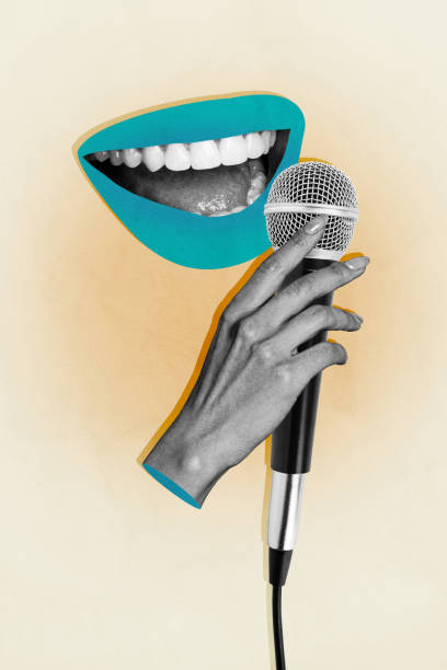 istock Template sketch image composite artwork collage of hand hold microphone sing lips hobby party entertainment carefree night clubber 2198151245