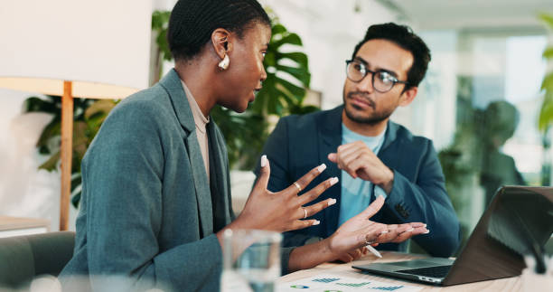 istock Office, collaboration and team advice for laptop, proposal and research notes with document for report. Man, woman and feedback for small business, training and meeting for partnership or b2b project 2198155154
