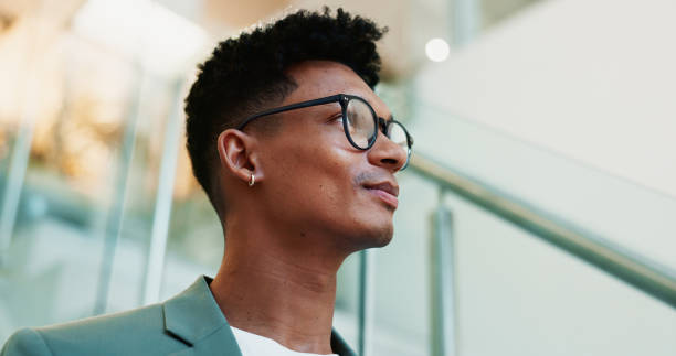 istock Thinking, confidence and businessman with glasses for office planning, idea or proposal. Problem solving, reflection and brainstorming below person in agency for solution, vision or review decision 2198155243