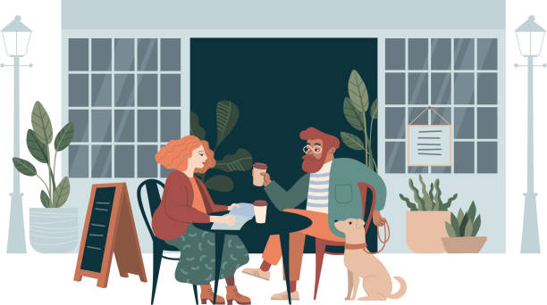 Trendy couple sitting on the terrace of outdoor cafe drinking coffee and reading book. Flat vector illustration