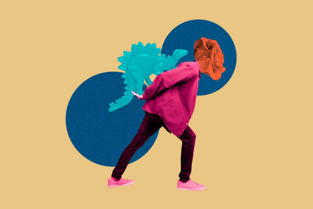 istock Template sketch image composite artwork collage of young man headless flower instead walk hand hold childish toy jurassic dinosaur absurd 2198160068