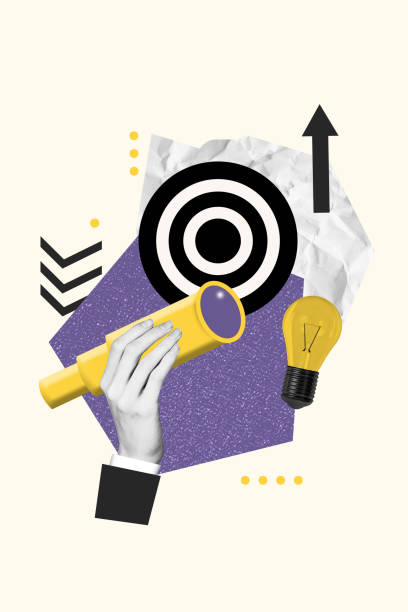 Trend image vertical photo collage of hand hold telescope target development concept arrow light bulb idea finding business plan