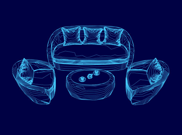 A blue couch with pillows and a coffee table. The couch is a part of a set of furniture A blue couch with pillows and a coffee table. The couch is a part of a set of furniture lysosome drawing stock illustrations