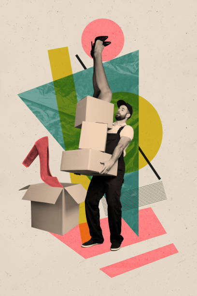 istock Vertical creative collage image young man carry carton boxes packages courier delivery order shipment woman legs elegant high heels 2198167585