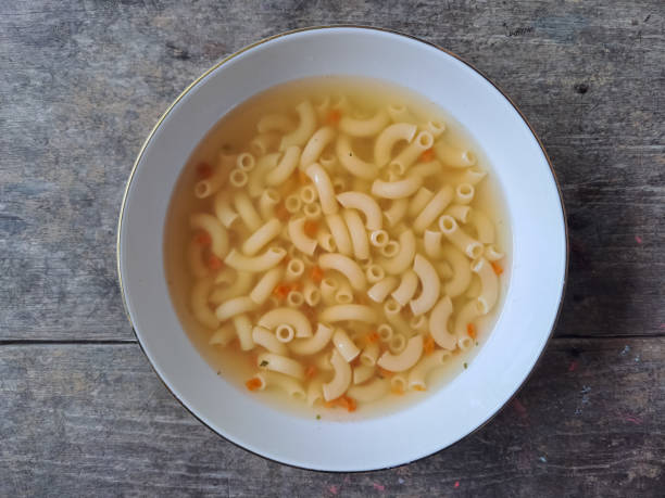 Vegetable Macaroni Soup In Bowl. Food Menu. Top View.