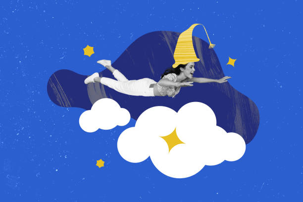istock Creative collage image young excited flying woman dream sleepover clouds night sky hat awakening insomnia drawing background 2198172662