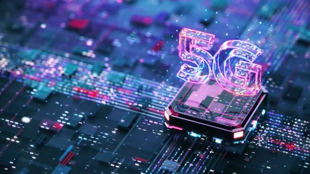 5g network concept. Power and speed of 5G network with central computer processor and futuristic motherboard