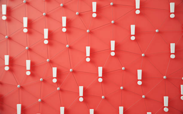 Exclamation Point over Connected the dots on Red Background. Abstract connections and dots on background. Warning and danger concept.