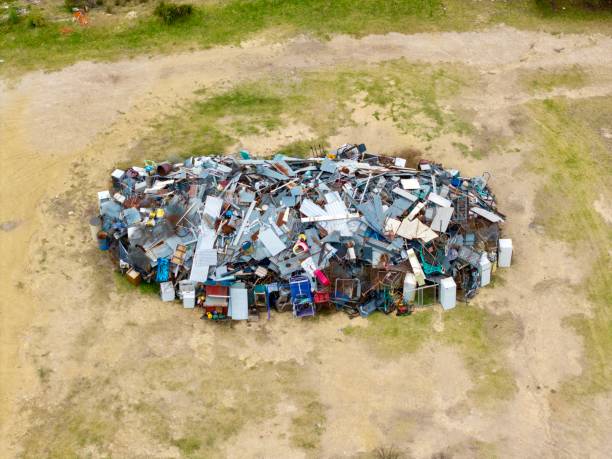Aerial view of a Steel pile taken from a drone at a recycling center