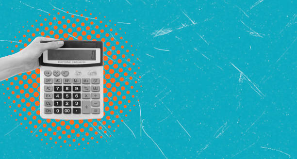 istock Modern creative art collage of hand holding calculator on a blue background, copy space. 2198175632