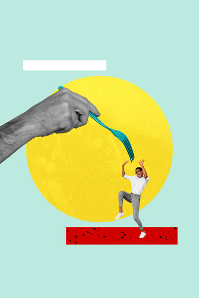 istock Vertical creative collage poster young terrified person protect rescue giant hand hold fork eat food lunch hungry caricature surreal 2198178576