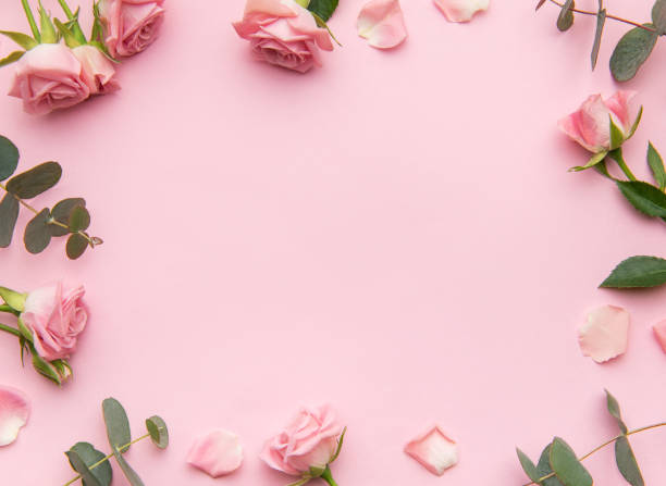 istock Pink roses and eucalyptus leaves creating a frame on a pink background 2198179815