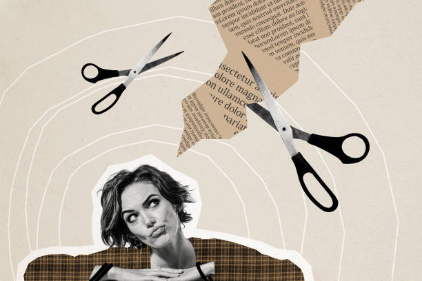 istock Composite photo collage of young editor girl think new article novel failure text cut scissors writer news isolated on painted background 2198180211