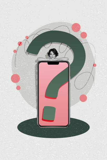istock Vertical creative collage picture young pretty girl stand behind smartphone touchscreen question mark gadget user drawing background 2198180321