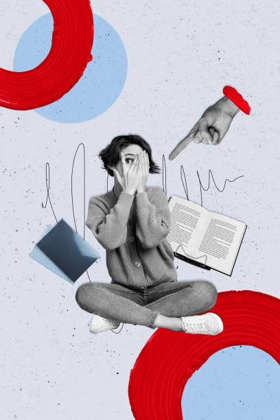 istock Vertical photo collage of scared student girl hide hands book notepad session arm finger index punish silly isolated on painted background 2198180343