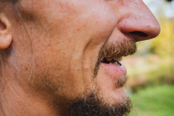 A detailed close up image of a mans face showcasing his beard, highlighting features such as his nose, chin, eyebrows, mouth, jawline, eyelashes, ear, and the smile that enhances his facial hair