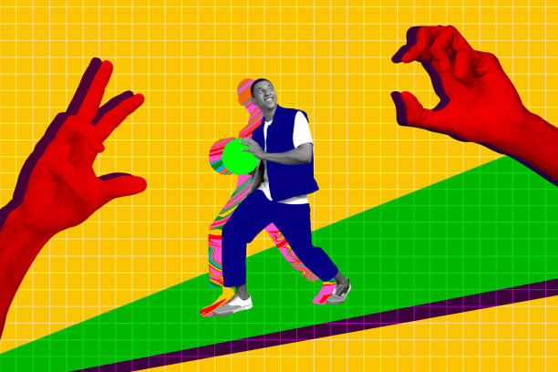 Creative psychedelic photo young man basketball player practice hobby human hands body fragments catch checkered background