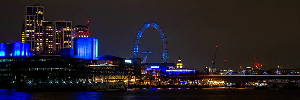 January, 2025. London, England - Panoramic view of the National Theatre, Millennium Eye and Waterloo Bridge