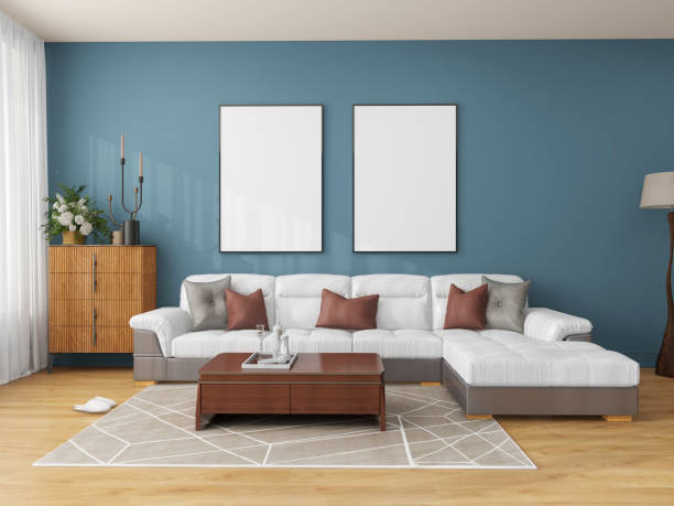 istock A modern living room with a Scandinavian design style featuring a white sectional sofa with gray and brown accent pillows, a wooden coffee table, a wooden cabinet. Home decor. 2198189137