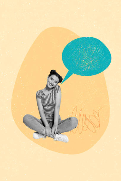 istock Creative vertical photo collage young sitting pretty girl textbox chat say speech phrase communication concept drawing background 2198191039