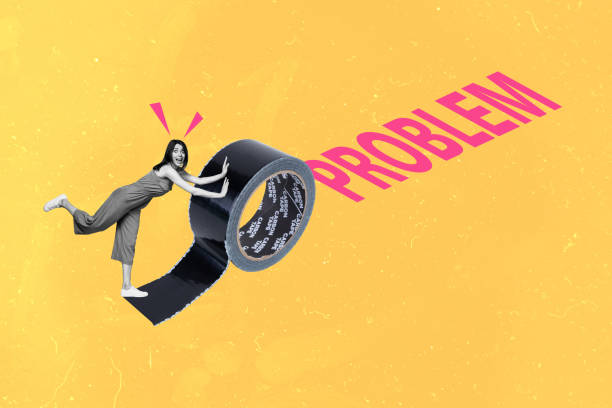 istock Composite artwork collage of black white silhouette young surprised woman pull push huge stickie tape cover problem repair roll psychology 2198191092