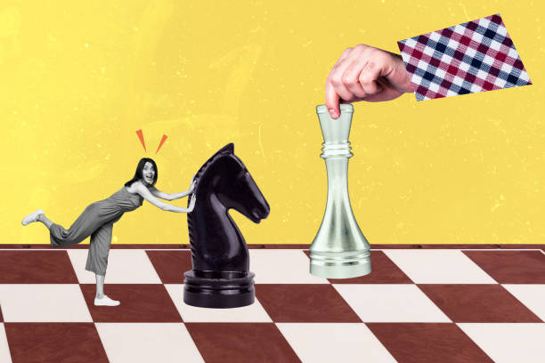 istock Trend artwork sketch collage of young clever lady play chess stand on huge board pull push playing figure make move solve puzzle strategy 2198191101